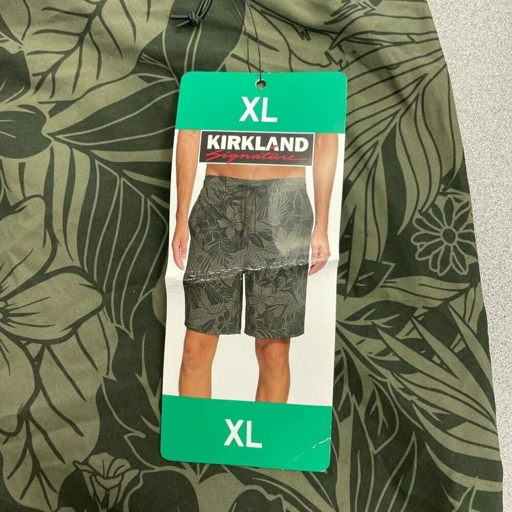 Kirkland Signature Men's XL Swim Trunk Olive Green Floral Print Quick Dry N0993
